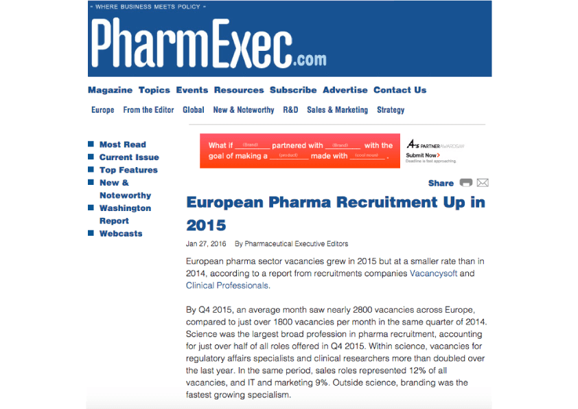 Vacancysoft/Clinical Professionals 2015 Annual Review featured in PharmExec