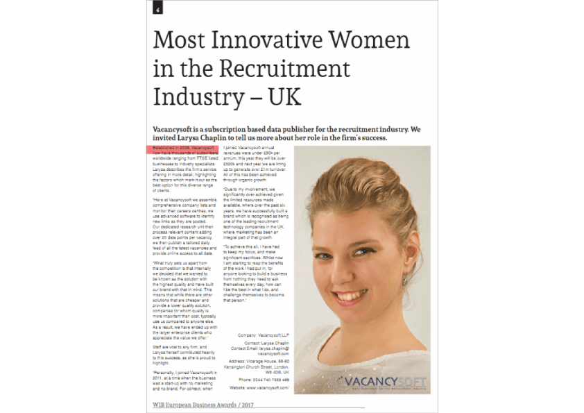 Larysa Chaplin wins award for Most Innovative Woman in the Recruitment Industry – UK