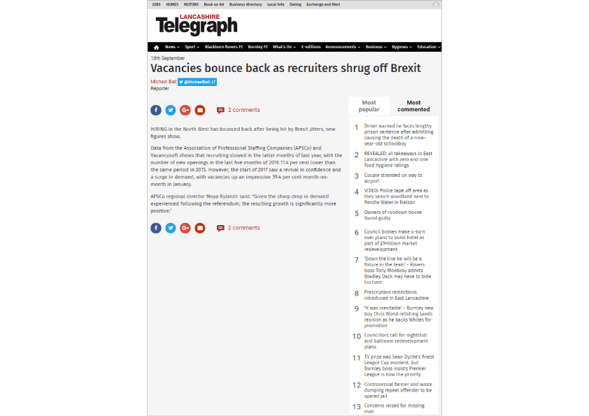 Vacancysoft & APSCo Northern England Report featured in Lancashire Telegraph